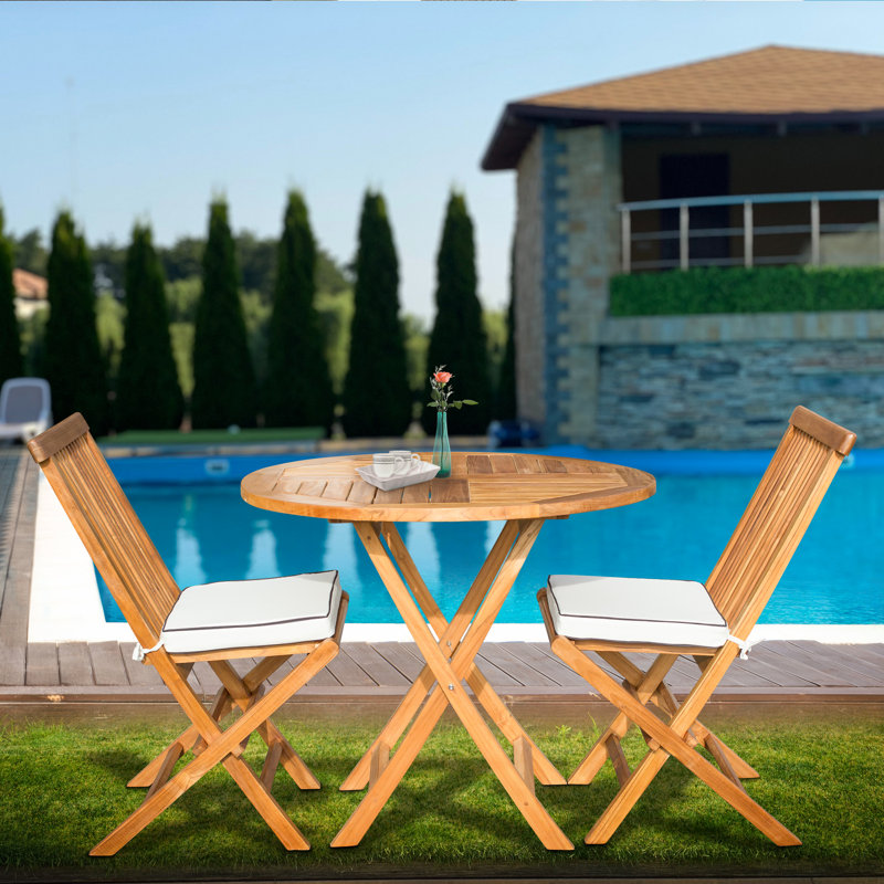 2 - Person Teak Solid Wood Patio Dining Set Round Table with Cushions Included