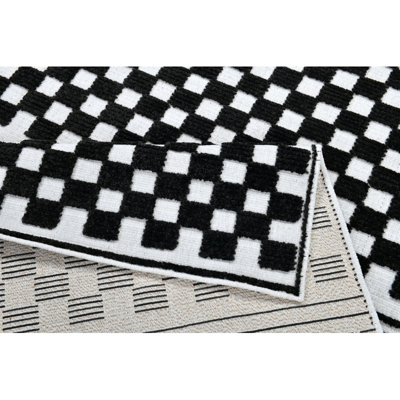 Tapis bohémien crème - Motif géométrique noir avec détails en relief - Tia 108., Rectangulaire 4 pi x 5 pi