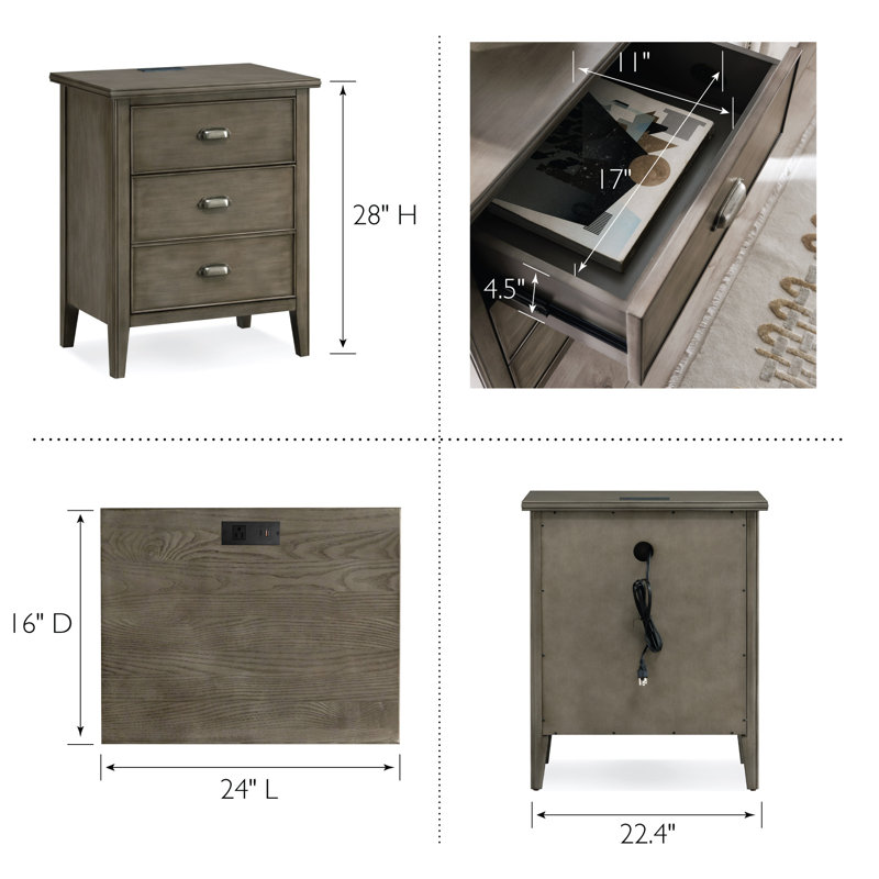 Laurent Nightstand with Drawer, Door with USB-C Fast Charging Station and AC/USB Outlet, Smoke Gray, Set of 2