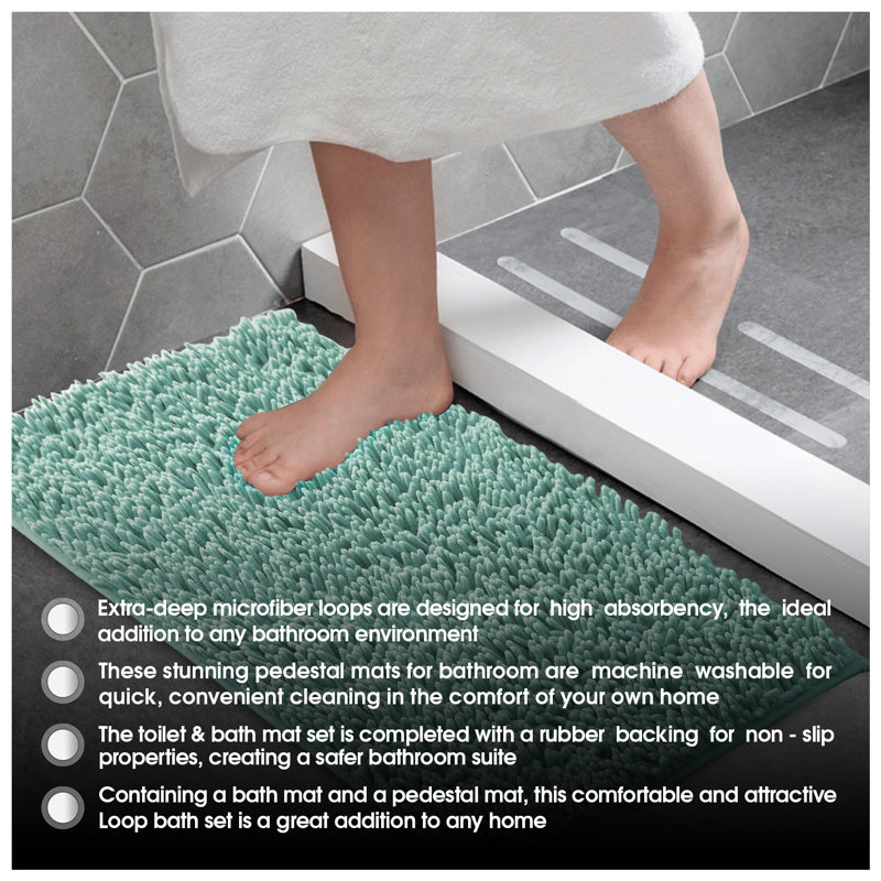 Modern 2 Piece Bathroom Rug Set Microfiber Chenille Bath Mat & Pedestal Mat Super Soft Non Slip Absorbent Washable, Duck Egg