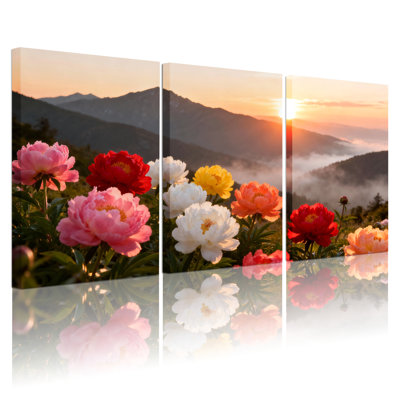 Floral Peony Sunset Landscape Canvas Wrapped Wall Art Set Of 3 For Living Room Bedroom Home Decor