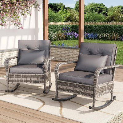 Ensemble de chaises berçantes en rotin 2 pièces, chaises berçantes d'extérieur en osier avec coussins épais pour porche et patio