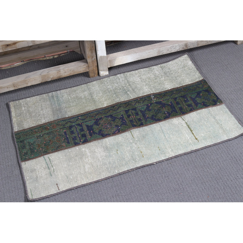 Small Green Decorative Wool Rug With Vintage Turkish Patchwork For A Modern Entry Handmade in BoHo Oriental Style