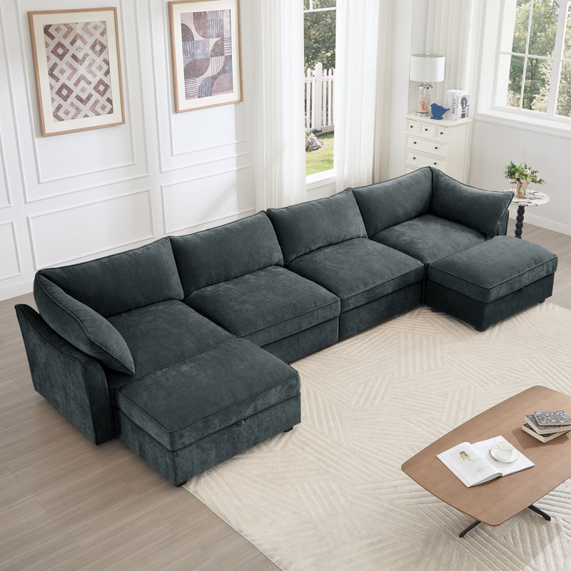 Canapé modulaire en chenille avec 2 repose-pieds et rangement Meneo, Chenille noir