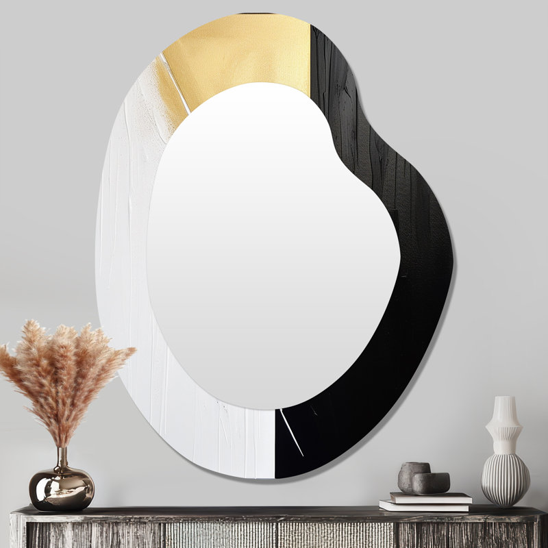 Minimal Joy en noir et or IV - peinture abstraite asymétrique murale unique, miroir, forme unique, grand miroir, impression sur métal