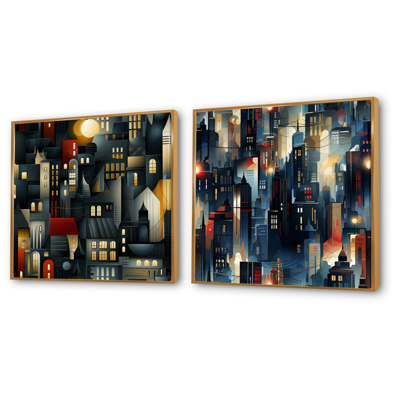 Louella - Ensemble de 2 collages abstraits carrés, Cadre flottant doré, H 30 po x l 61 po
