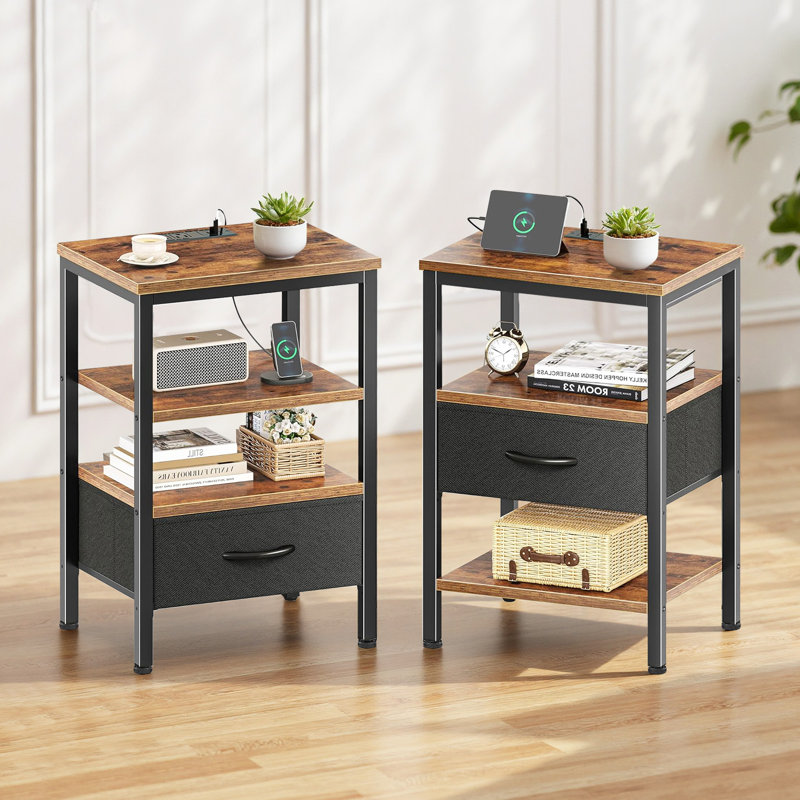 Nightstand Set of 2 with Charging Station and USB Ports, End Table with Fabric Drawer, Shelf, Side Table for Living Room, Bedroom