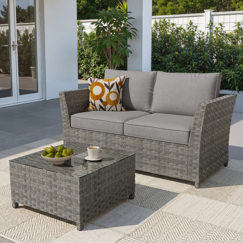 Causeuse modulaire en osier avec coussins et table basse sans assemblage requis, Gris foncé