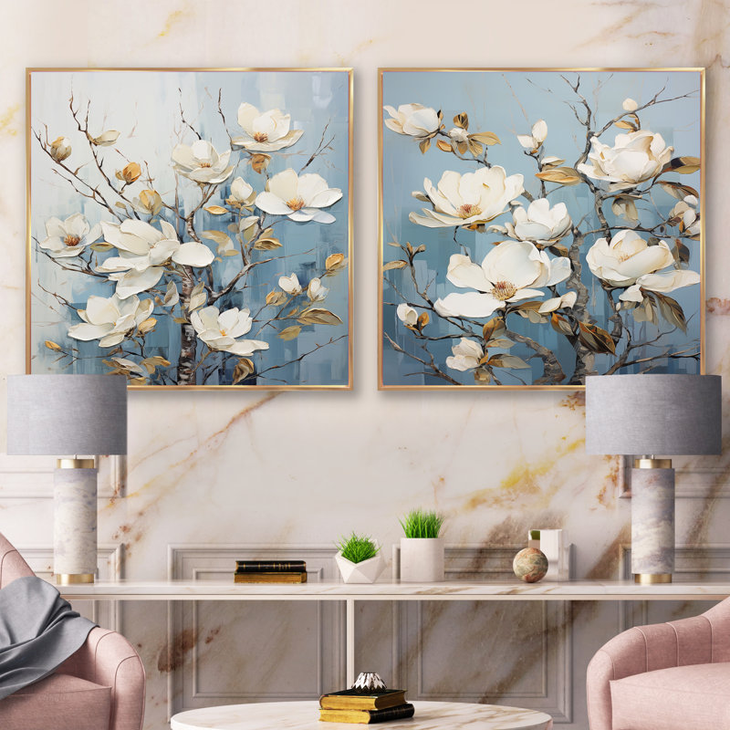 Ensemble de 2 fleurs de magnolia blanches et bleues, Cadre flottant doré, H 36 po x l 73 po