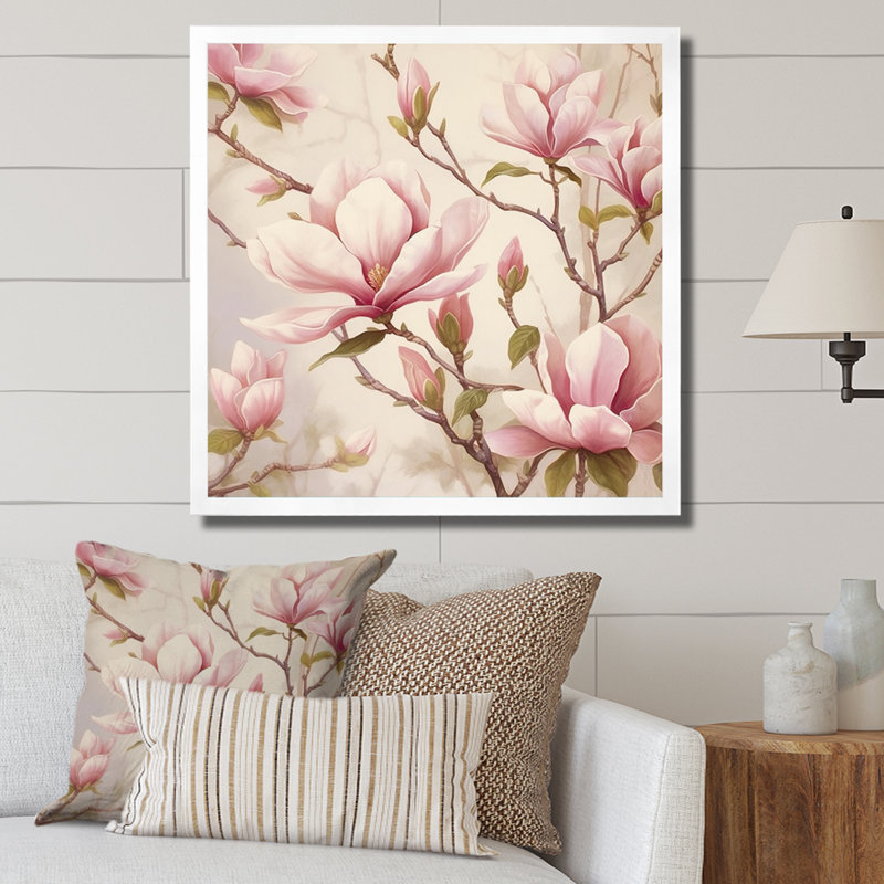 «Pink Green Magnolias Elegance Landscape», reproduction sur toile, H 16 po x l 16 po, Encadrement doré