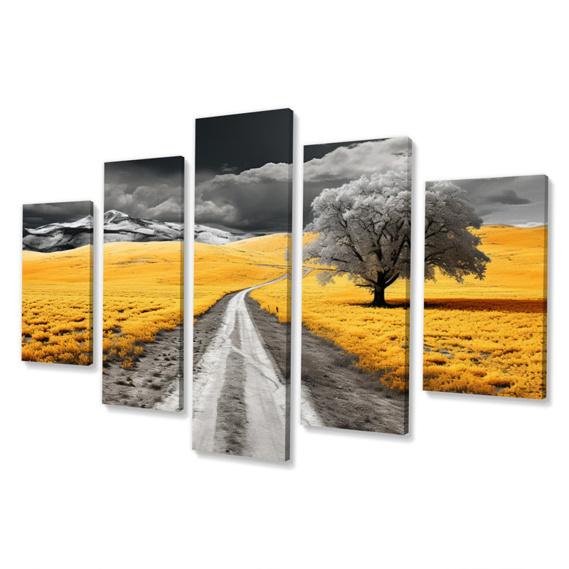 Route à travers les Prairies jaunes VII - paysages, reproduction sur toile - 5 panneaux