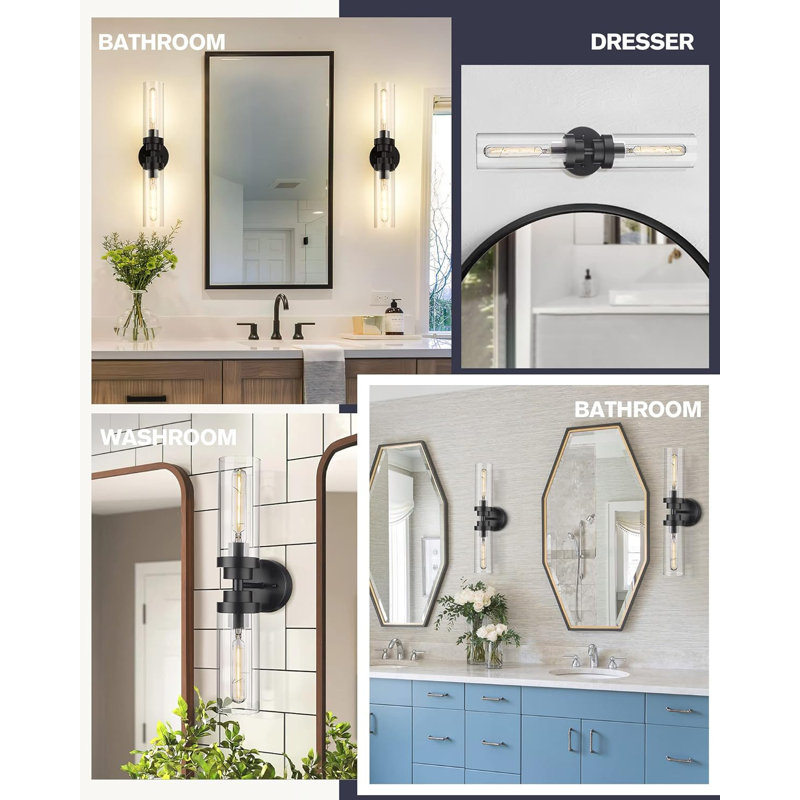 Luminaire de salle de bain cylindrique moderne avec abat-jour en verre transparent, applique murale 2 lumières pour miroir, chambre à coucher et couloir