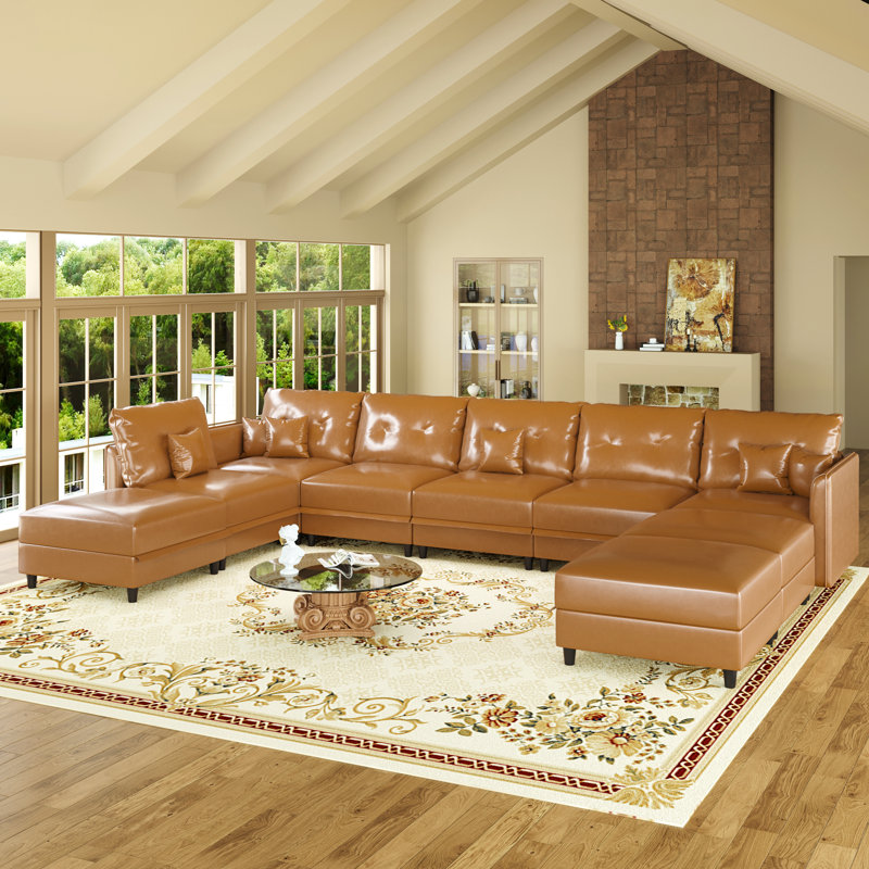 Zendajas 9 - Piece Upholstered Sectional Reversible Modular Corner Sectional with Ottoman, Brown Faux Leather
