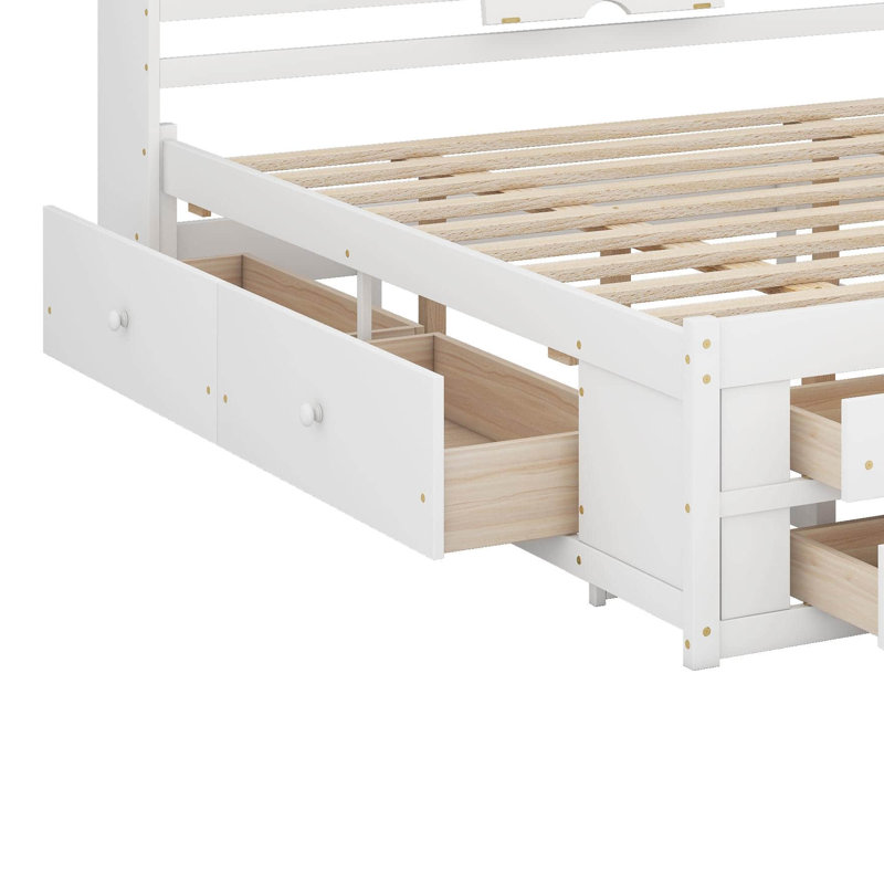 Lit plateforme avec tête de lit avec rangement et 8 tiroirs, Blanc, Très grand lit