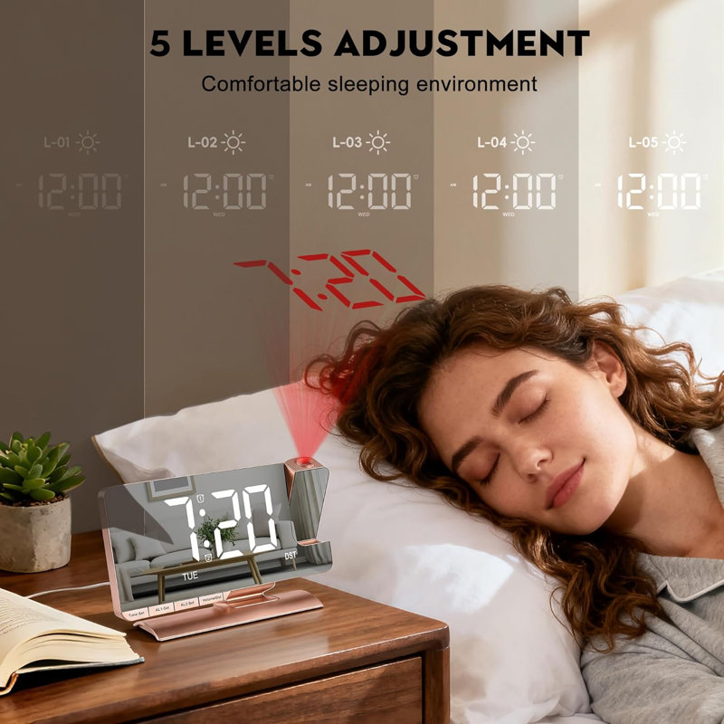 Headboard Projection Alarm Clock, 7.3-Inch Mirror Projection Device, 180° Rotation Projection, Dual Alarm Function, 3 Modes, Brightness Adjustment, Daylight Saving Time Function, Delayed Wake-Up Function, Charging Interface, 5-Level Volume Adjustment.