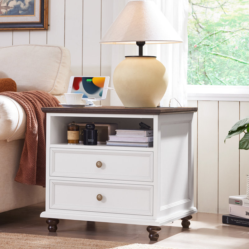 24" Wide Farmhouse Nightstand With Charging Station, End Table With 2 Drawers,Wood Dresser For Bedroom Cabinet, Bed Side Table Chest Of Drawers, Night Stand For Living Room, Closet