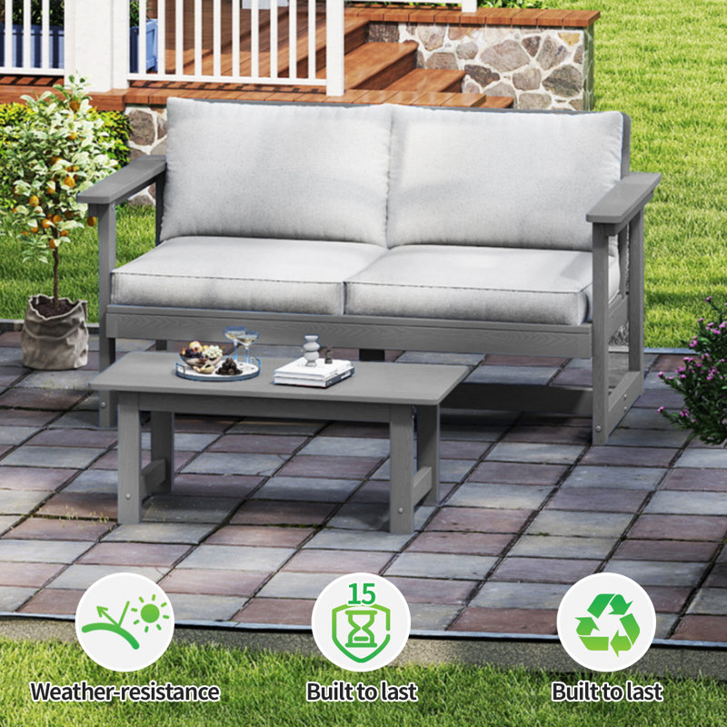 Outdoor Sofas, Loveseats & Couches 2-Seat Outdoor HDPE Sofa Chair Table with Cushions Wide Patio Sofa and Table (Set of 2)