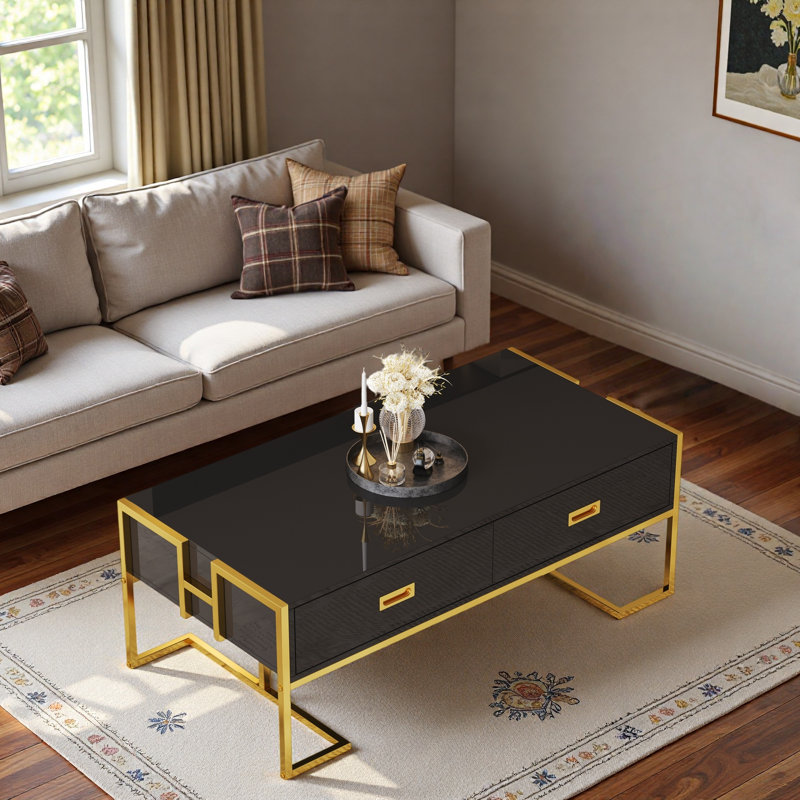 Table basse moderne moderne avec 4 tiroirs et base dorée, Black