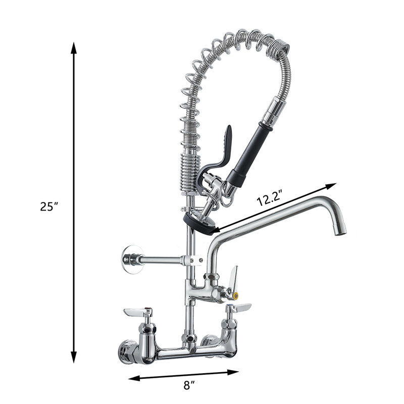 Commercial Triple Handle Wall Mount Stainless Steel Kitchen Faucet in Polished Chrome