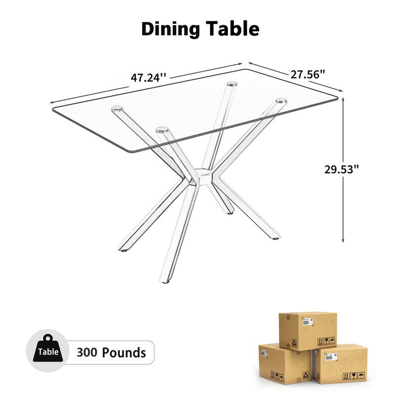 Table de salle à manger rectangulaire 47,24 "en verre trempé transparent, table de cuisine moderne à pieds en métal pour salle à manger