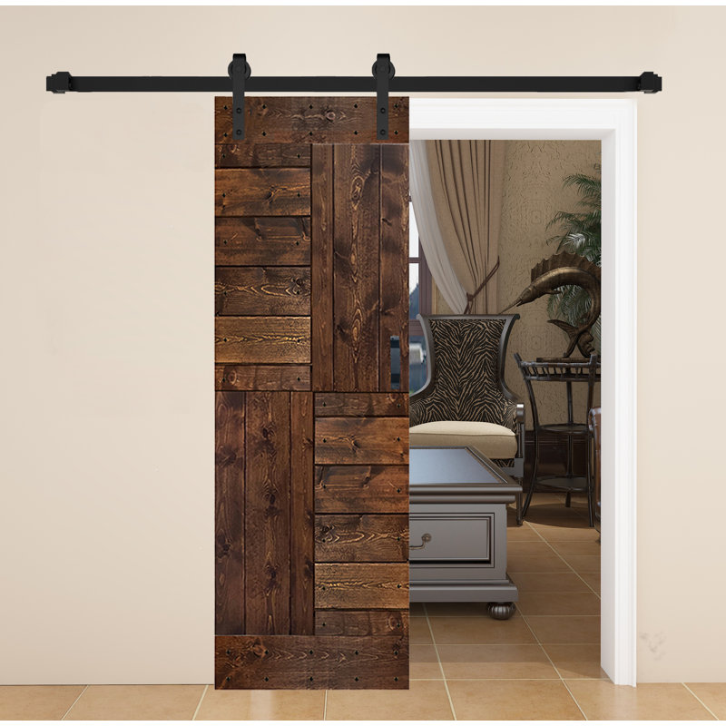 Porte de grange à panneaux en bois S Series avec trousse de quincaillerie d'installation, Noyer foncé, 30 po x 84 po