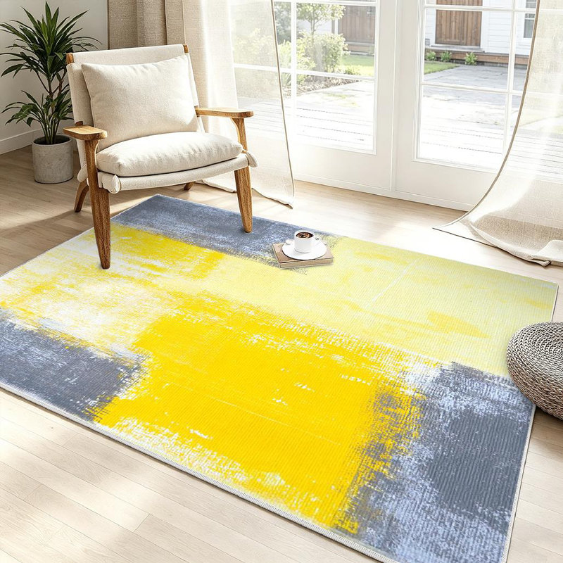 Tapis d'intérieur lavable à la machine moderne transparent gris et jaune abstrait, Rectangle 39 po x 63 po