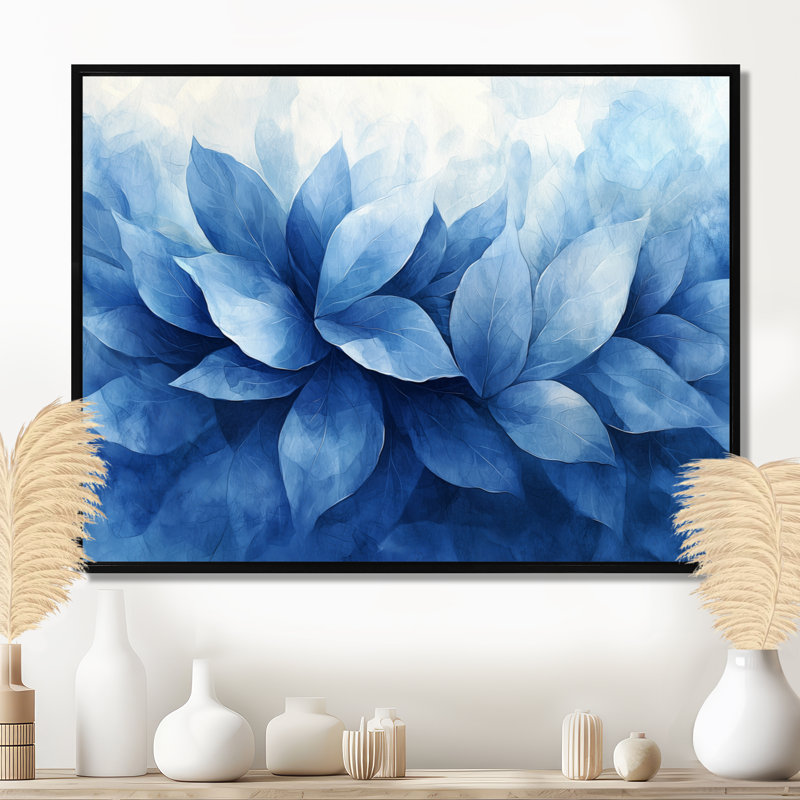 Bleu et brun, délicates pétales de fleurs - herbes, art mural, H 12 po x l 20 po, Impression encadrée flottante, Noir