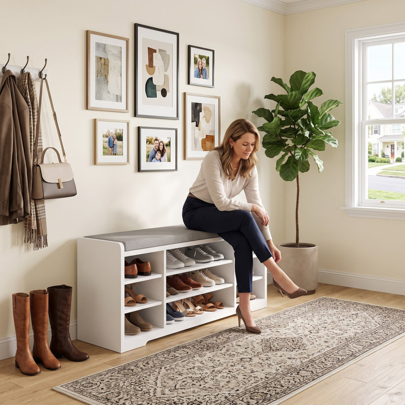 Banc de rangement à chaussures blanc à 9 cubes avec siège rembourré pour vestibule, couloir et garde-robe