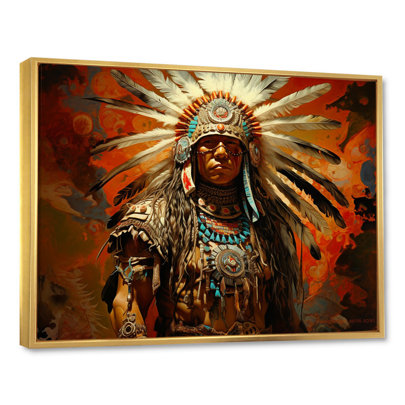 Native Honor Traditional Warrior II sur toile, Cadre flottant doré, H 34 po x l 44 po x P 1,5 po