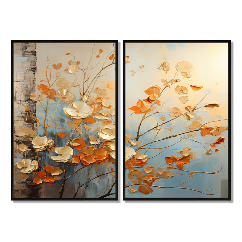 Or et feuilles d'oranges dans la brise II - feuilles, art mural, H 36 po x l 48 po, Impression encadrée flottante, Noir