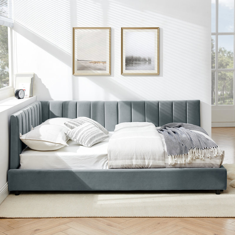 Structure de lit double, revêtement en velours pour le lit de la chambre à coucher et de l'espace de vie, accoudoirs relaxants