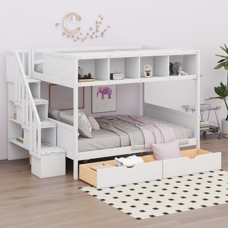 Lit superposé simple au dessus d'un lit double avec tiroirs Jamise Kids, Blanc