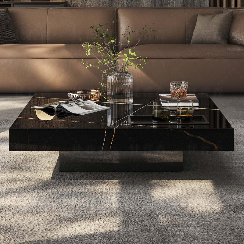 Italian Black Gold Marble Coffee Table, 11.8" H x 43.3" L x 43.3" W