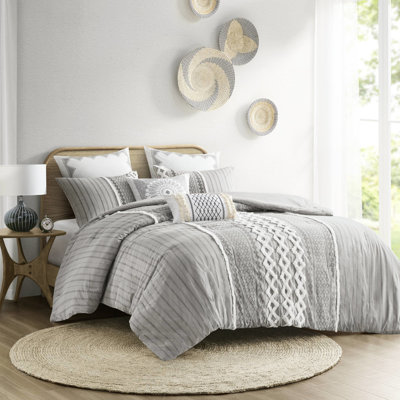 Édredon très grand / très grand en gris, 100% coton avec chenille, motif, rembourrage, 2 taies décoratives assorties, très grand chenille, imprimé gris, ouverture à chevauchement
