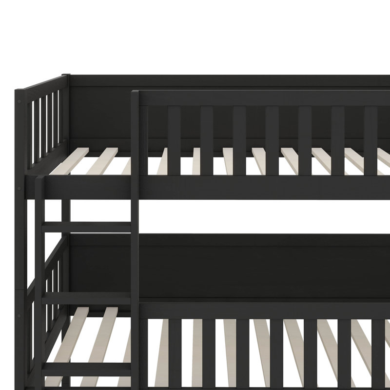 Lit superposé simple en bois d'hévéa à triple couche et équipé d'échelles et de barrières de sécurité, Noir, noir, noir, noir
