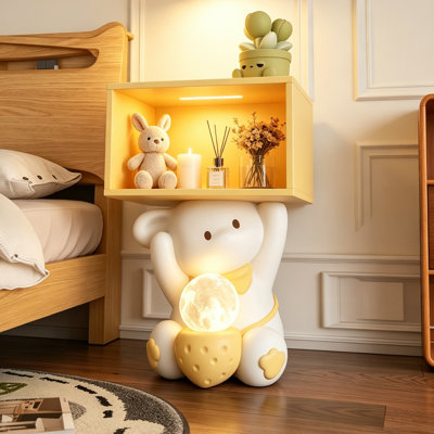 Resin & Wood Bear Nightstand With Integrated Motion-Sensor Lamp, Yellow Modern Whimsical Bedside Table With Open Storage, Decorative Accent For Bedroom