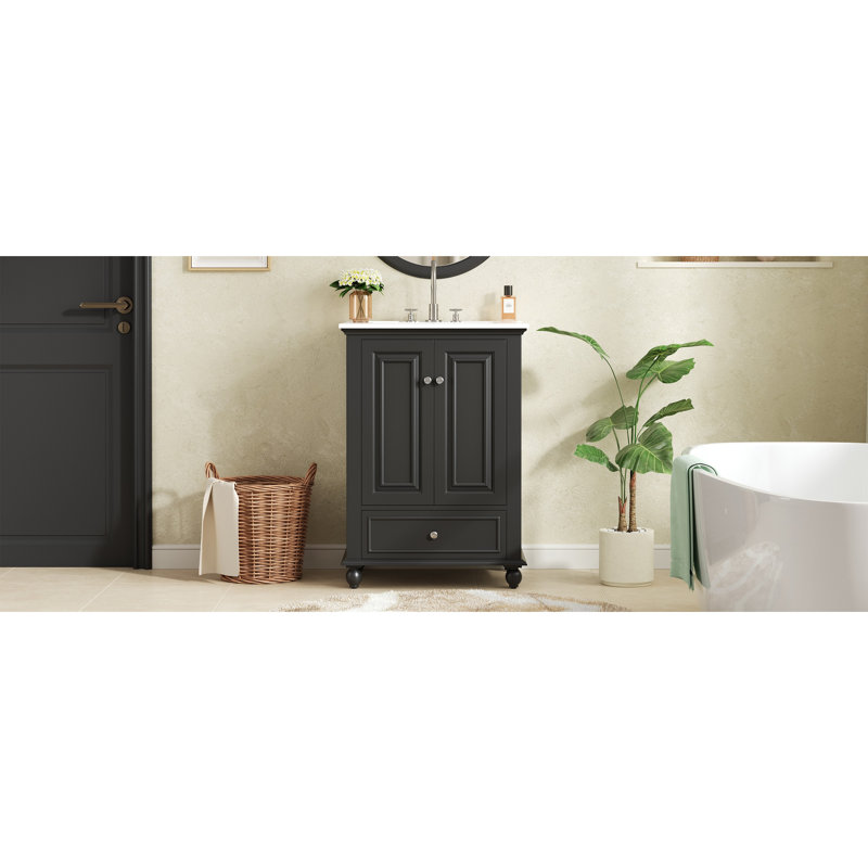 Meuble-lavabo moderne noir 24 po avec lavabo en céramique et rangement à fermeture en douceur