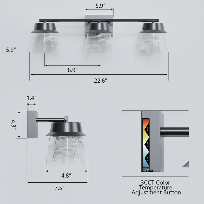 Éclairage à 3 lumières pour meuble-lavabo à 3 lumières à intensité variable 3KT / 3000K / 3000K certifiées ETL 22,6W