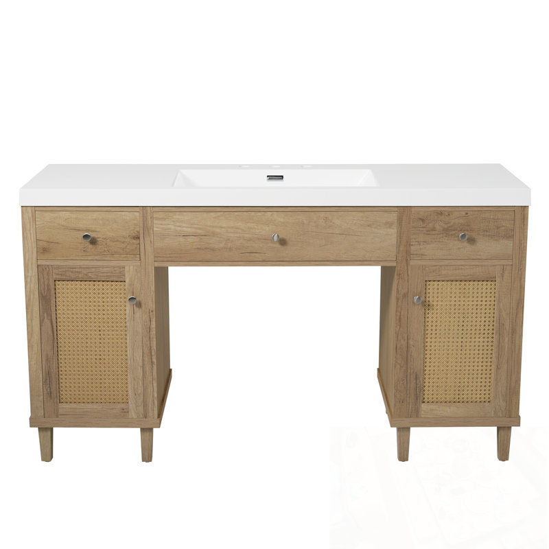 Meuble-lavabo de salle de bain avec lavabo, 2 portes, tiroirs à fermeture en douceur et plateau basculant, Naturel