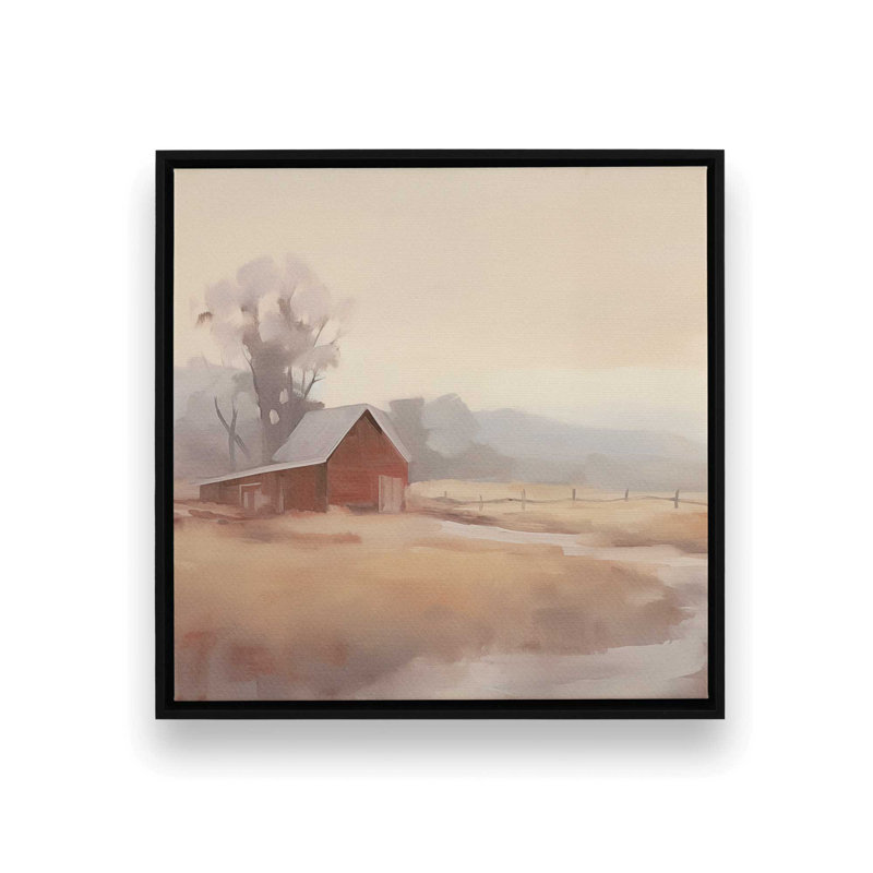 «Barn and Misty Fields», reproduction sur toile, Cadre noir, H 24,75 po x l 24,75 po x P 1,75 po