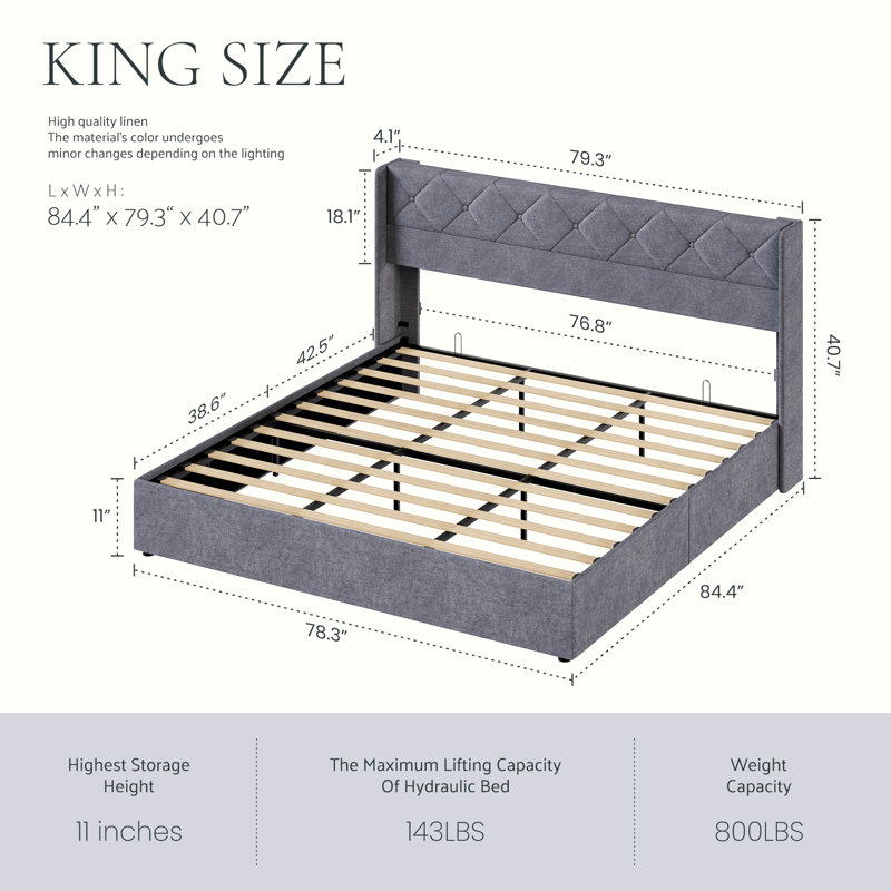 Hydraulic Lift Up Storage Upholstered Platform Bed, King