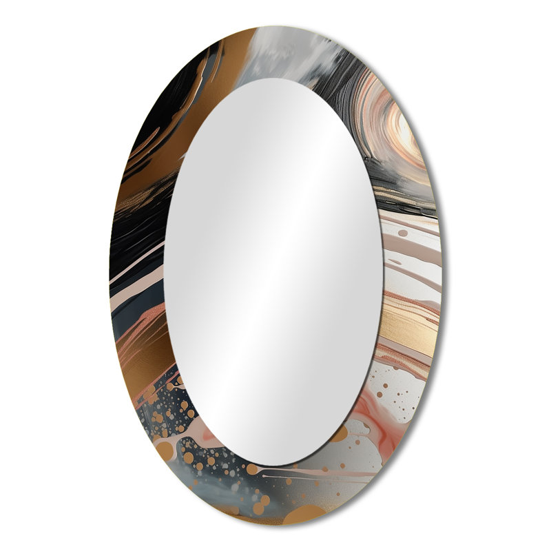 Abstract Gold And Pink Liquid Ink Circles III - Gold Modern Oval Wall Mirror, 36" x 24"
