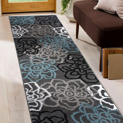 Tapis performance à motif floral gris/bleu/noir/blanc Carius – Tapis à motif floral moderne, idéal pour le salon, la chambre ou la salle à manger, résistant et facile à nettoyer