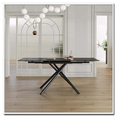 Retractable Sintered Stone Dining Table, Modern Rectangular Design, With Black Carbon Steel Legs At The Bottom, 83 Inches Suitable For 6-8 Seats (Black)