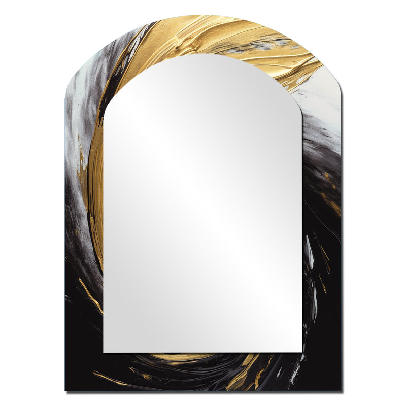Waves Of Midnight Passion Abstract Black & Gold - Abstract Painting Arch Decorative Mirror, Modern Asymmetrical Wall Mirror, Printed Metal Art
