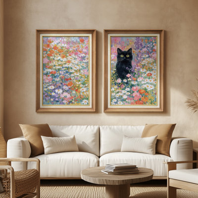 Colorful Wildflower Meadow with Black Cat Whimsical Floral Animal Wall Decor - Set of 2 Premium Framed Wall Art Print on Paper 26"x36"