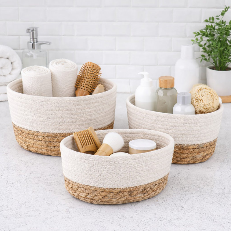 Padang 3-Piece Cotton Basket Bin, White/Natural