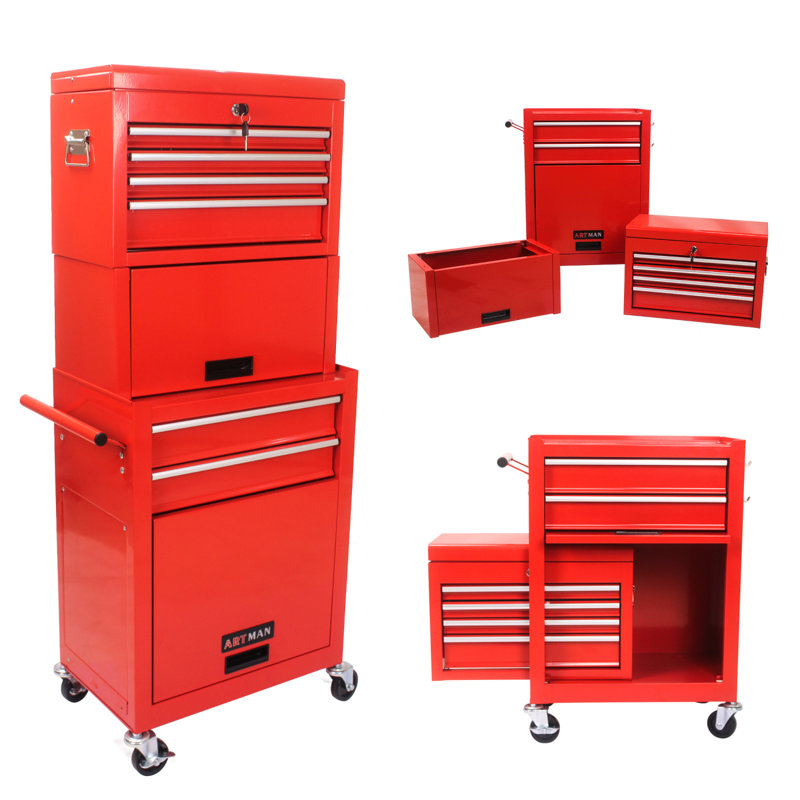 Armoire à outils sur roulettes, coffre à outils roulant verrouillable à 6 tiroirs avec 4 roues universelles, organisateur de rangement de boîte à outils détachable 2 en 1 pour garage, atelier de réparation, rouge