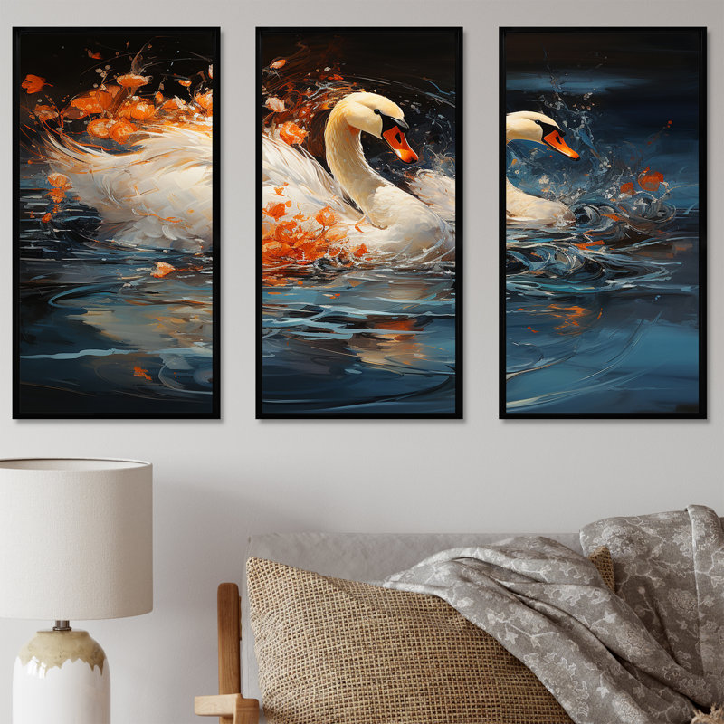 Swans Voyage I - Ensemble d'art mural animaux, Cadre flottant noir, H 32 po x l 48 po