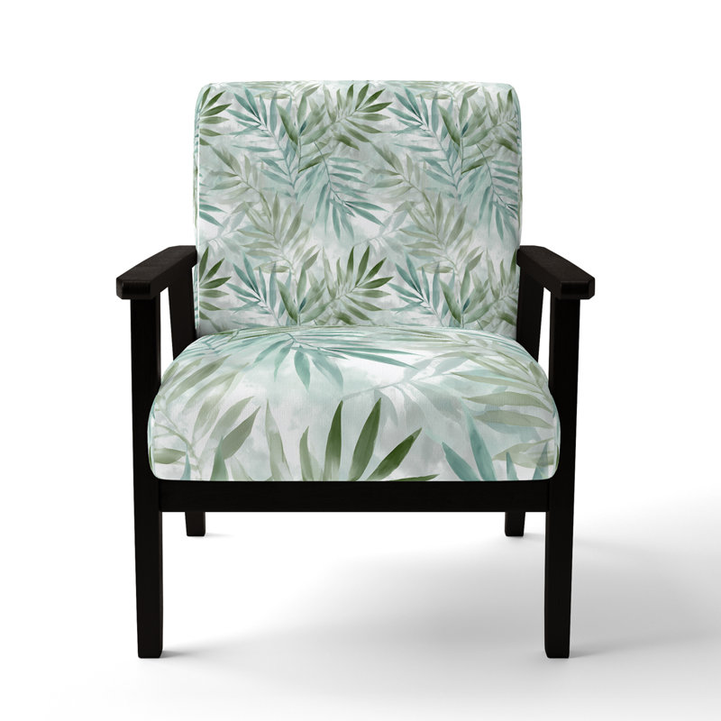 Floral Accent Chair - Whispering Palm Leaves Green Arm Chair, Black Square Arms